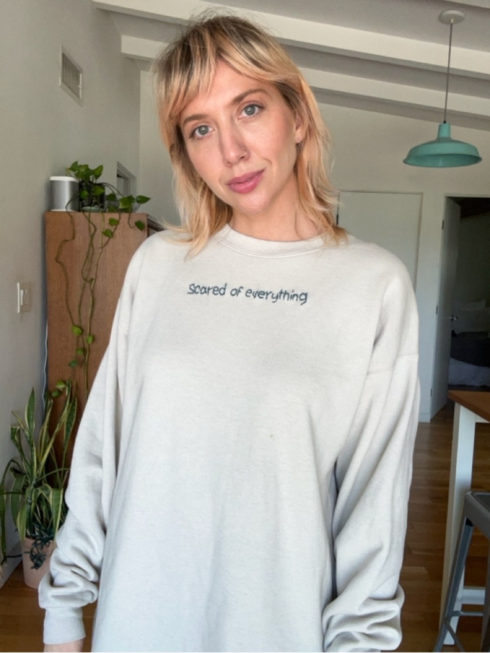 One-of-a-kind, Custom Embroidered “Scared Of Everything” Crewneck Sweatshirt